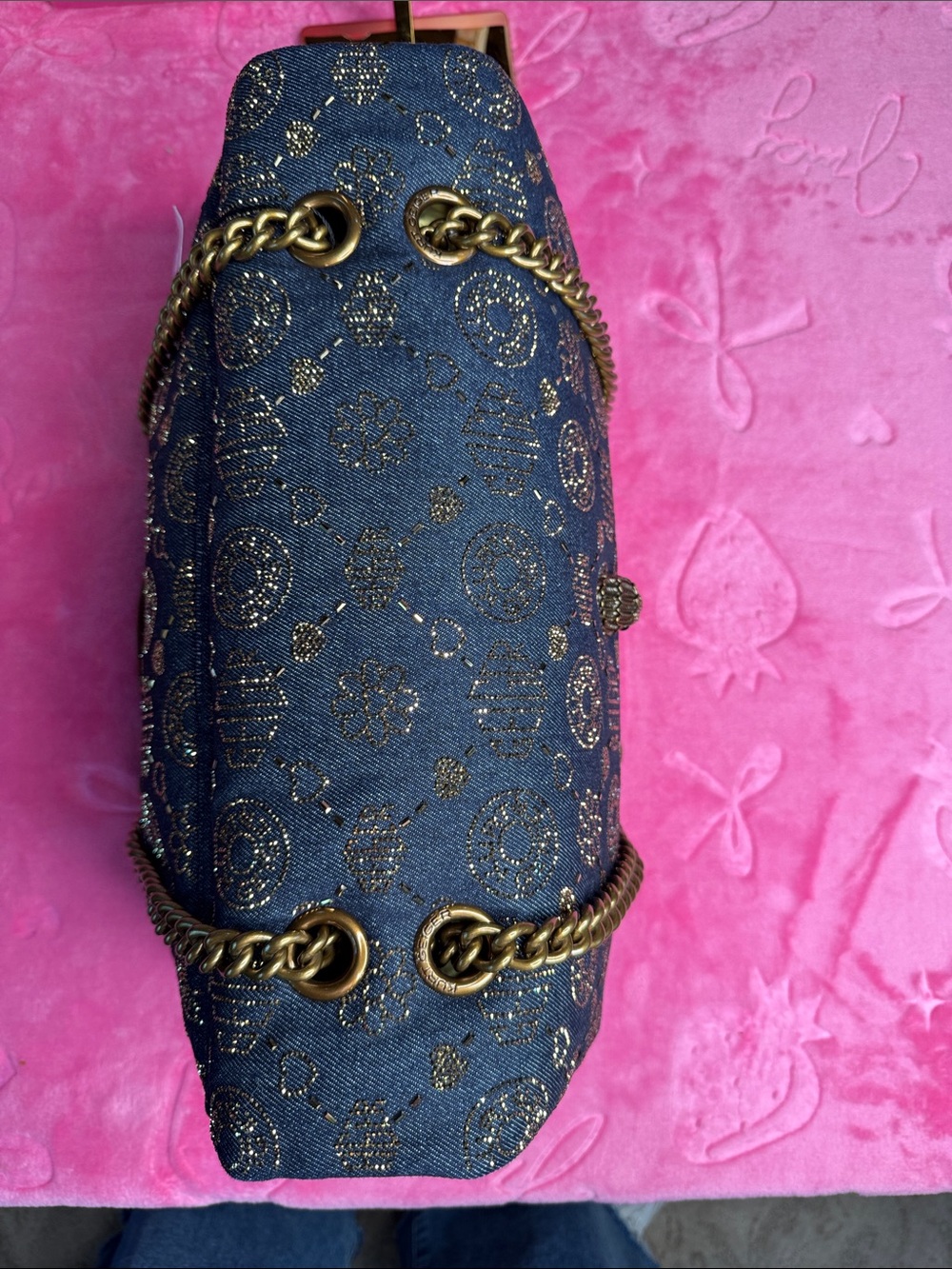 Kurt Geiger Rare XXL Battersea Denim Sparkle Bag - Dark Gold Chain NWT - Picture 7 of 17
